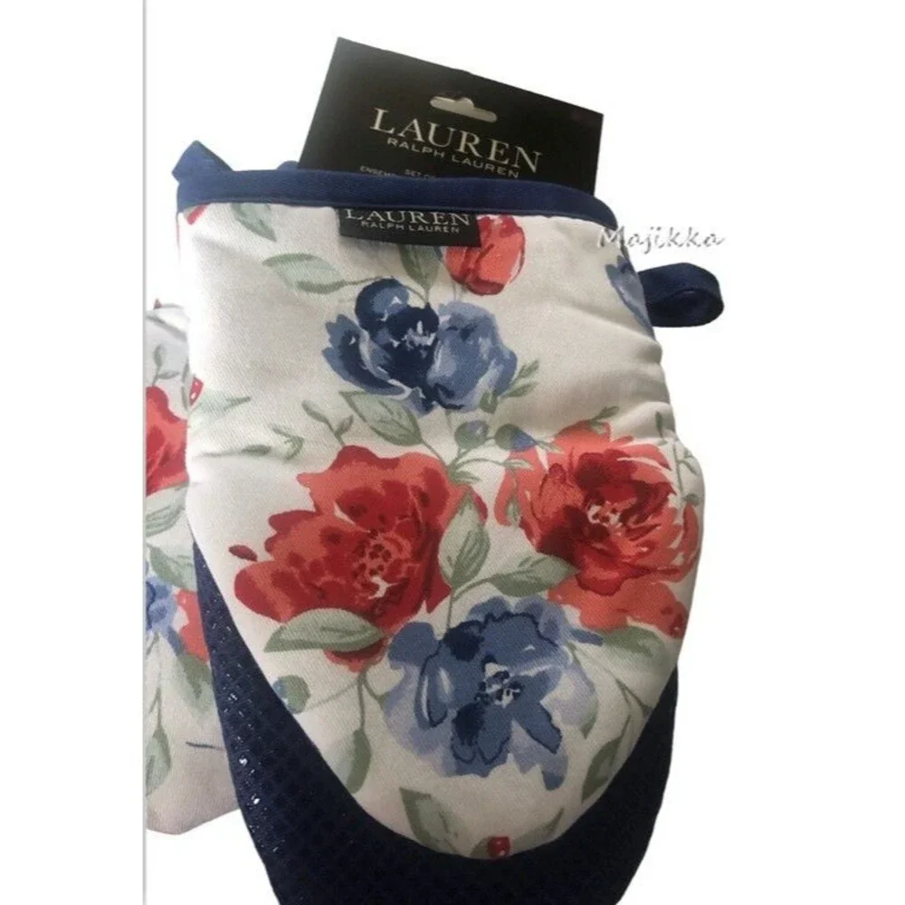 Ralph Lauren Mini Oven Mitts Set of 2 Floral Red White Blue Neoprene Grip Cotton